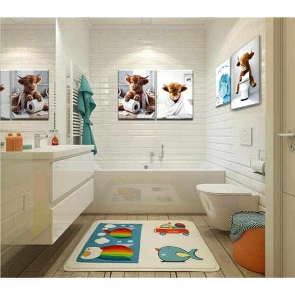 Highland Cow Wall Art Set Framed Funny Bathroom Farmhouse Rustic Decor 12x16 - Picture 6 of 8